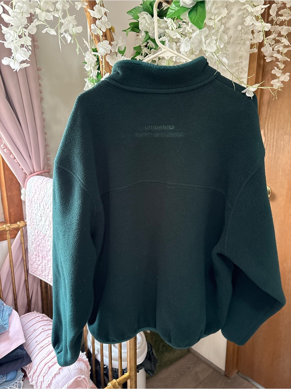 L.L. Bean Forest Green Fleece Snap Pullover with Teal Trim - Picture 5 of 6